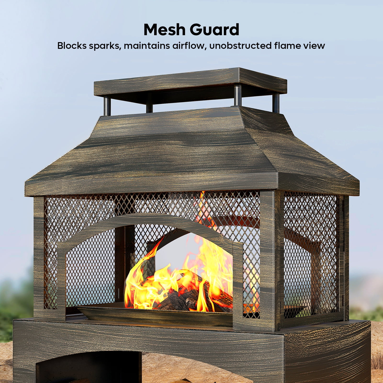 Bestier Fire Pits for Outside Wood Burning, Outdoor Fireplace with Log Storage Rack, Freestanding Chiminea Fireplace with Mesh Screen and Pocker for Backyard Patio Party Camping Picnic, 37"
