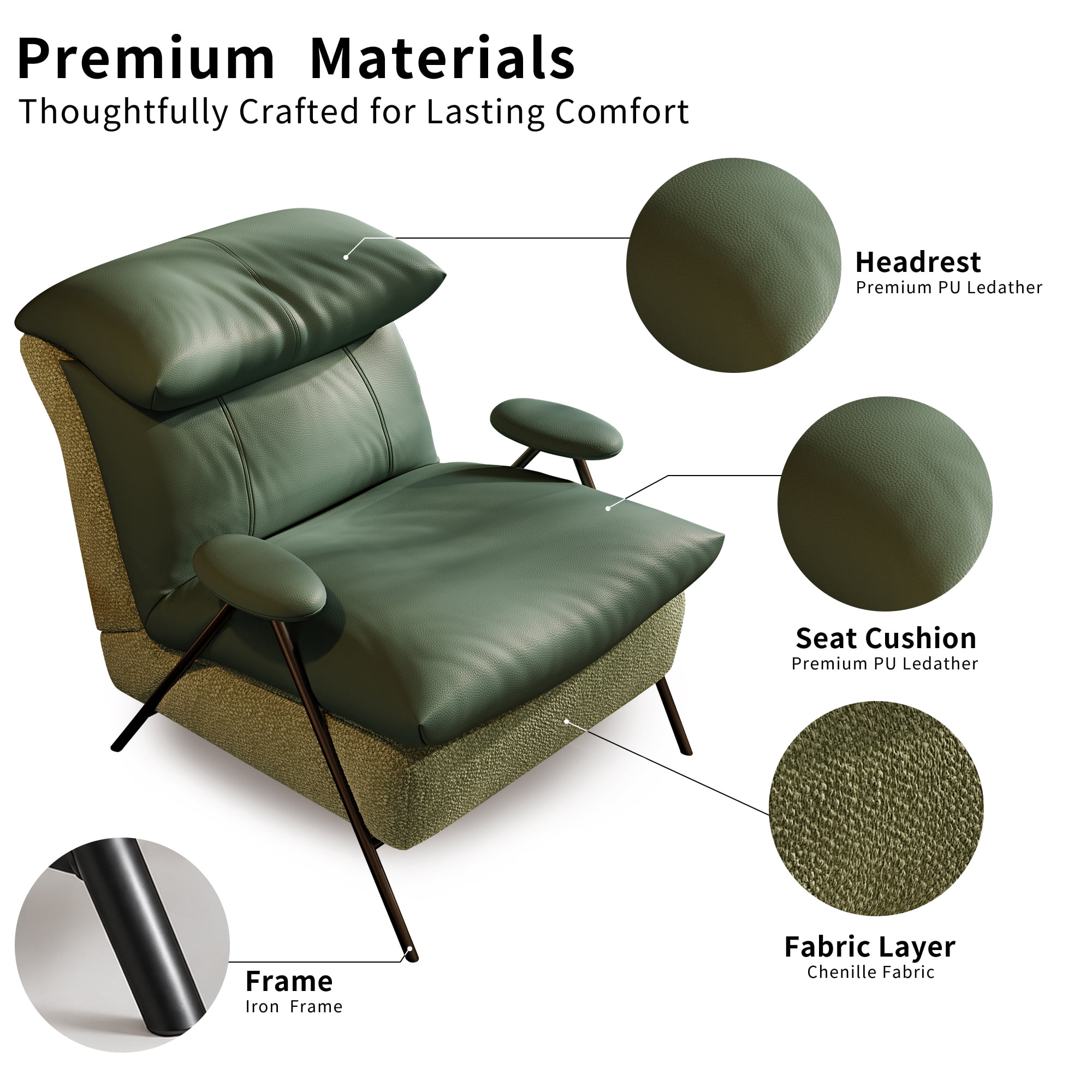 Aukfa PU Accent Chair, Modern Upholstered Armchair with Thick Padded Seat and Back for Living Room & Bedroom, Green