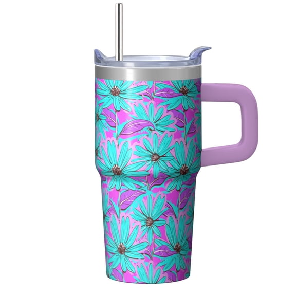 20oz Floral Travel Mug with Handle - Stainless Steel Insulated Tumbler, Comes with Straw, Leak-Proof Coffee Tea Cup Gift Women