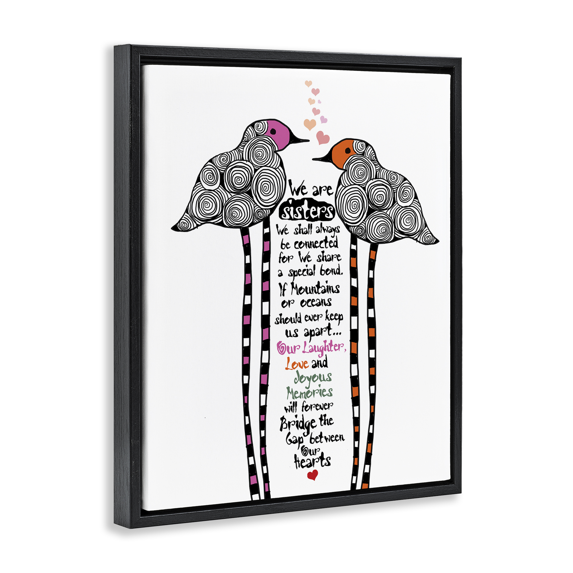 We Are Sisters Bird Duo Black Framed Floater Canvas Wall Art, design by Suzanne Millius