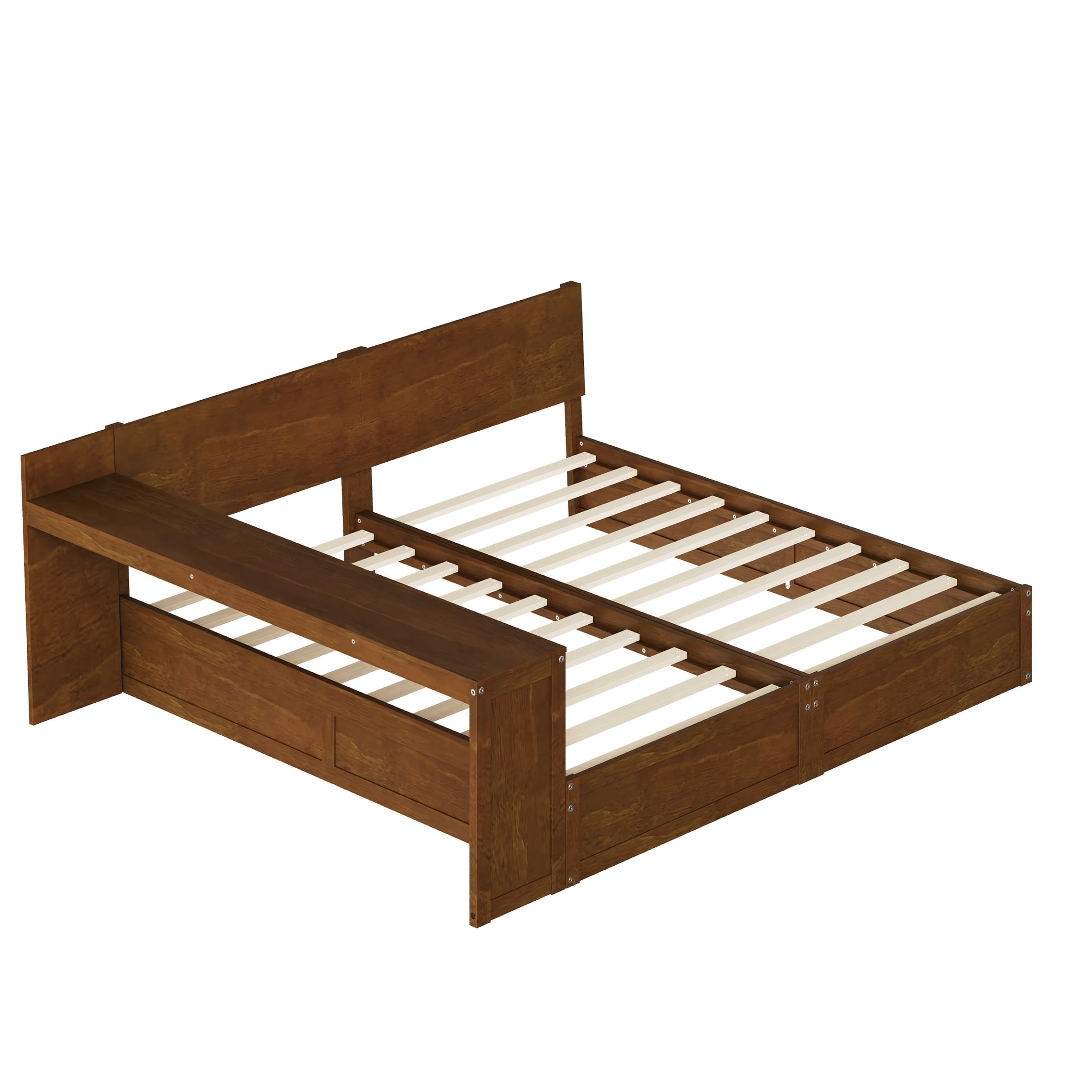 Noble House Girel Twin Platform Bed Frame Set for 2 Kids with Adjustable Storage Desk, Space-Saving Design, Walnut