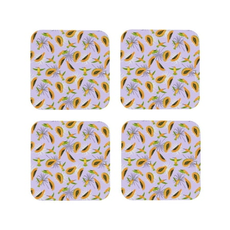 

Leather Coasters Set of 4 - Papaya Hummingbird Lightweight Non-Slip Drink Coasters for Desk Anti-Scalding Desk Cup Coasters for Office Table Decor Square