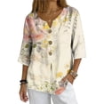 thumbnail image 2 of Women Linen Blouse Summer Linen Shirts for Women Button V Neck 3/4 Sleeve Blouse Casual Loose Basic T-Shirt Solid Tunic Tops 2026, 2 of 7