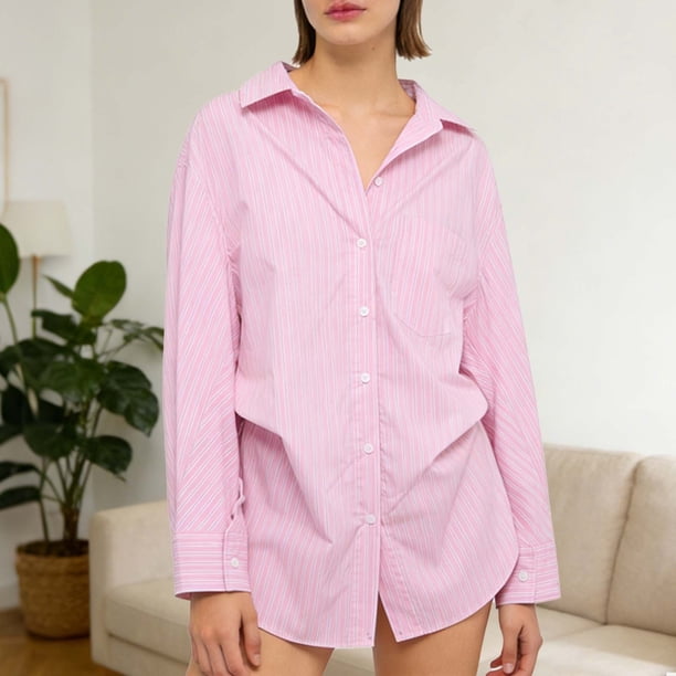 TaTaai Women's Button Pocket Lapel Shirt, Spring Summer Solid Stripe Loose Waist Top, Short Sleeve Casual Home Daily Outfit, Cold Hand Wash Design Gift
