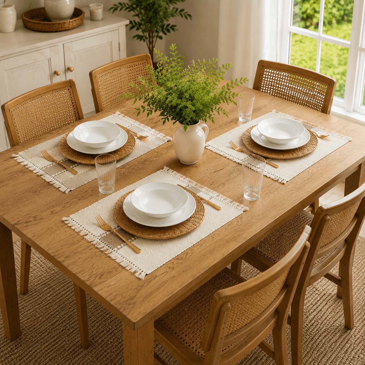 Boho Woven Placemats Set of 12 - Handmade Cotton Burlap and Water Straw Woven Combination Table Mats for Dining Table Decor