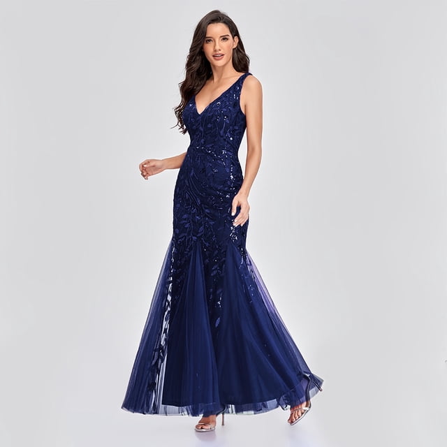 Robes de Cocktail Sans Manches à Col en V en Tulle à Paillettes, Dos en V, Sirène, de Fête et de Bal, Robes pour Femmes, Occasion Formelle, Robe Brodée, Vestioes