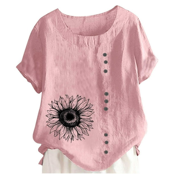 Camiseta Casual de Manga Corta con Botón de Cuello Redondo de las Mujeres, Tops Cortos para las Mujeres