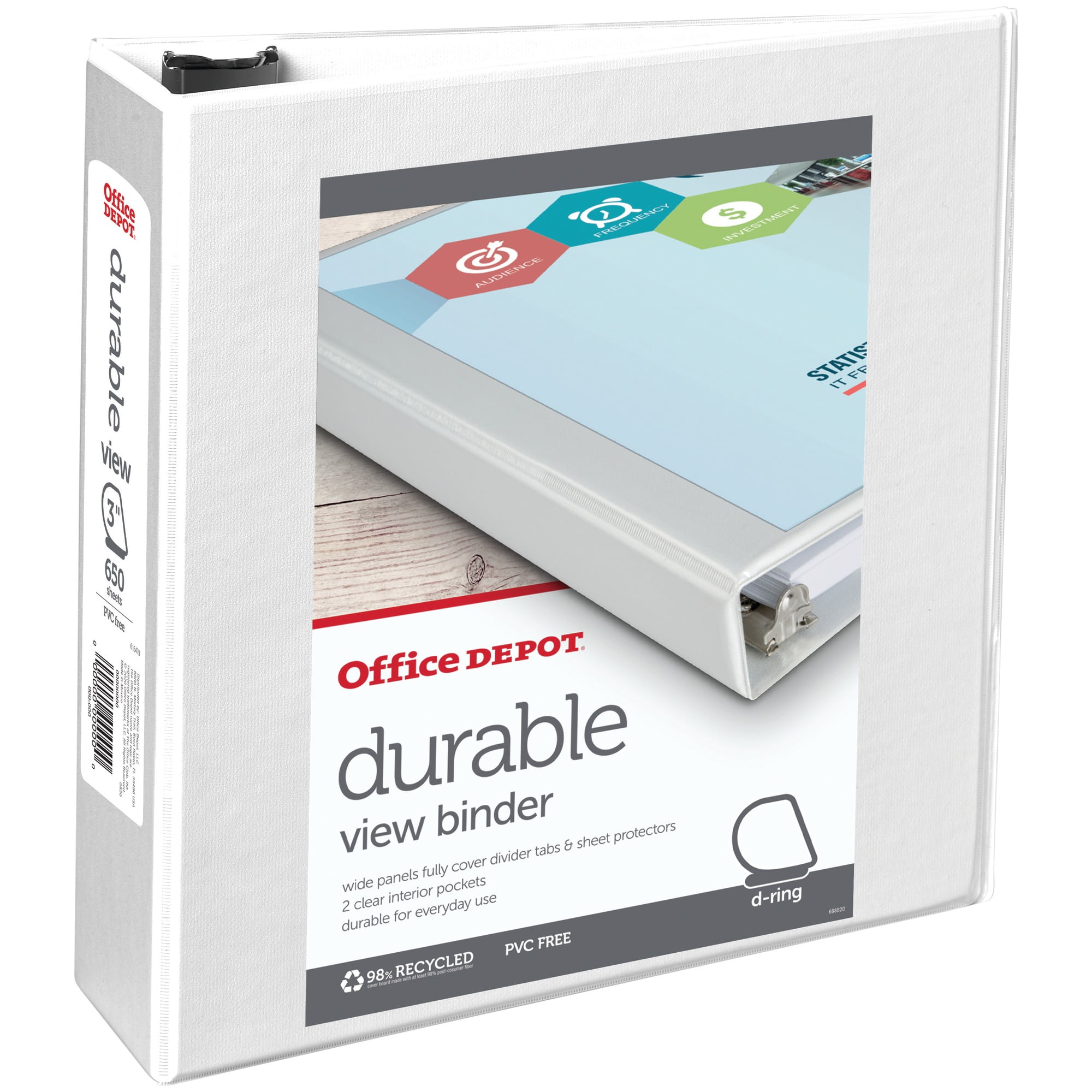Office Depot® Brand Durable View D-Ring Binder, 3' Rings, 39% Recycled, White