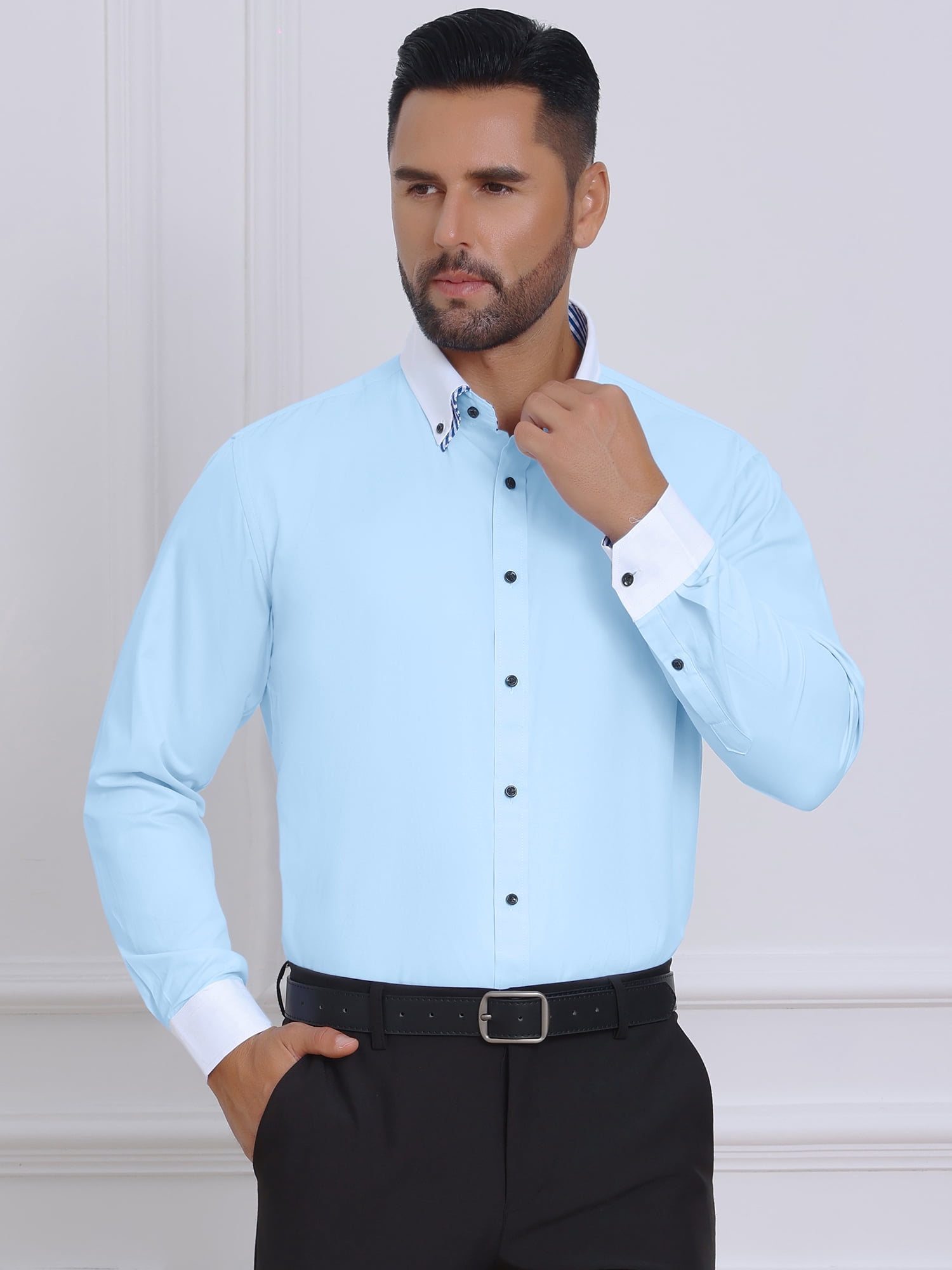 DARING DIVA Men's Contrasting Color Collar Long Sleeve Button Down Shirts M Light Blue