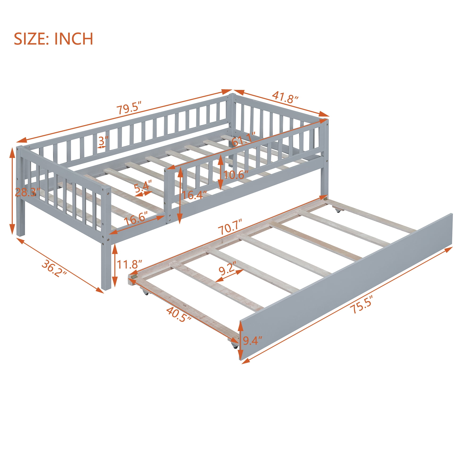 Holaki Twin Size Wood Bed with Trundle and Guardrails for Kids, Gray