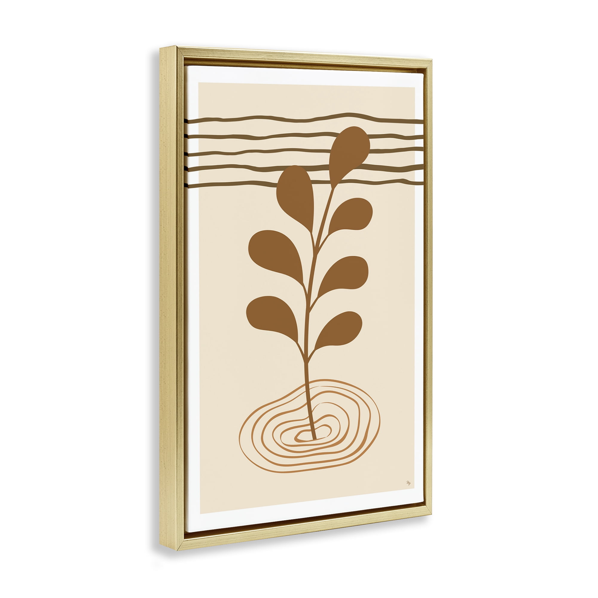 Stupell Industries Boho Leaf Sprig Botanical & Floral Painting Gold Floater Framed Canvas Art Print Wall Art, 17 x 25
