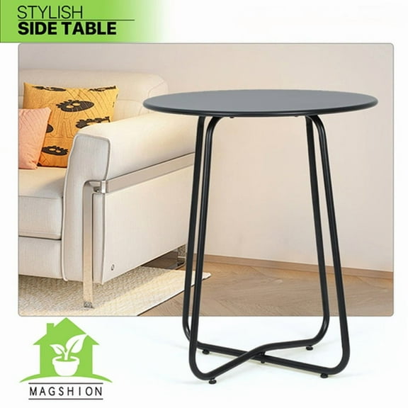 24-Inch Black Outdoor Patio Side Table, Indoor Small Round Coffee Table, Steel Frame End Table for Garden Balcony Porch Backyard Lawn Deck Yard Poolside Outside Weather Resistant