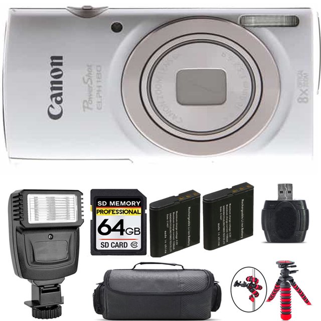 Canon PowerShot ELPH 180 Camera (Silver) + Extra Battery + Flash 64GB