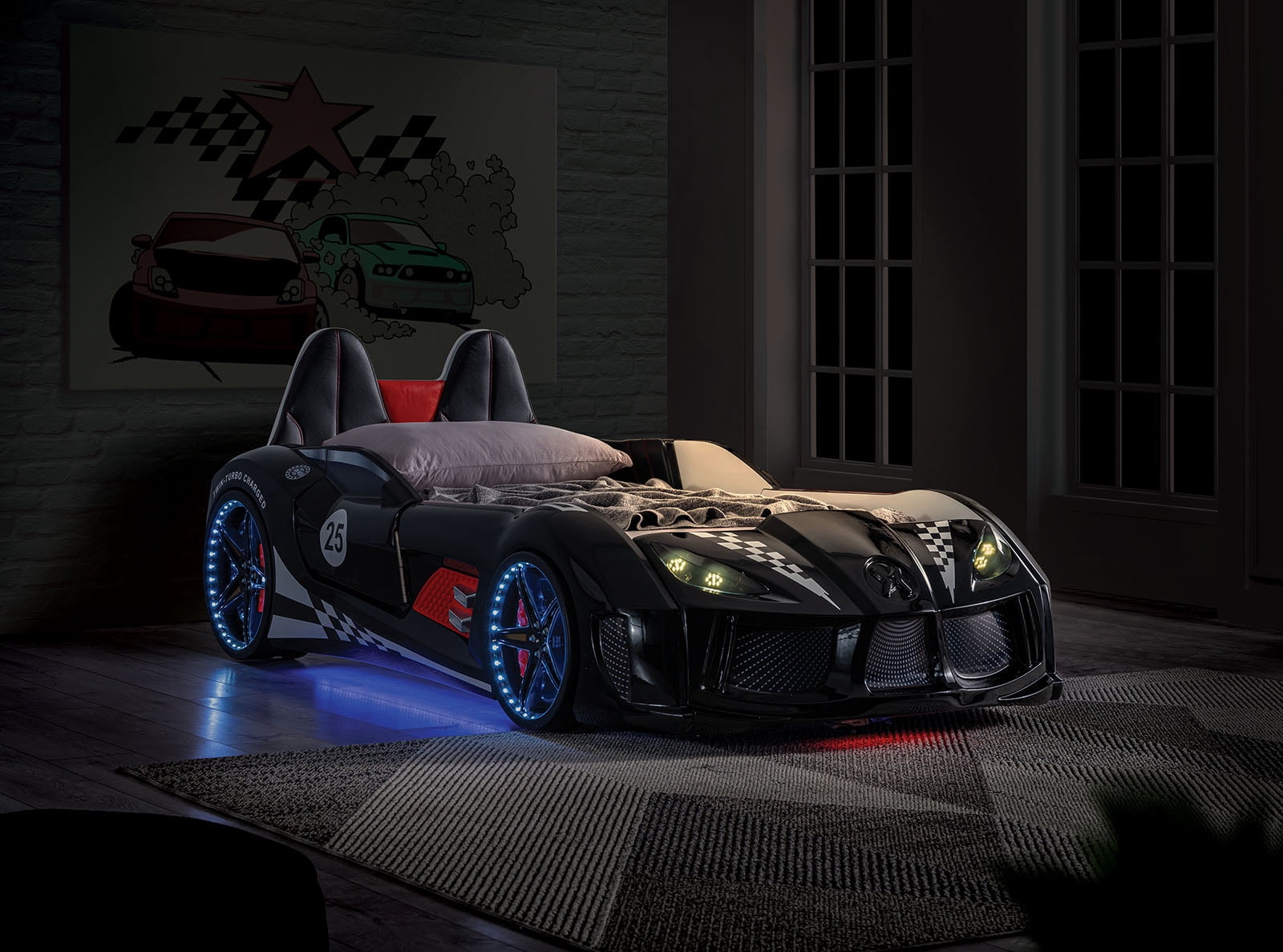 Modern Novelty Style Twin Size Bed Race Car Design Attached Two Magnetic Doors With LED Lights On Wheels And Bottom Upholstery HB Black Finish