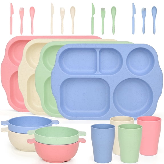 TINANA 24 Piece Wheat Straw Dinnerware Set with Divided Plates, Bowls, Cups and Utensils, Lightweight Reusable Tableware Set for Home Dining