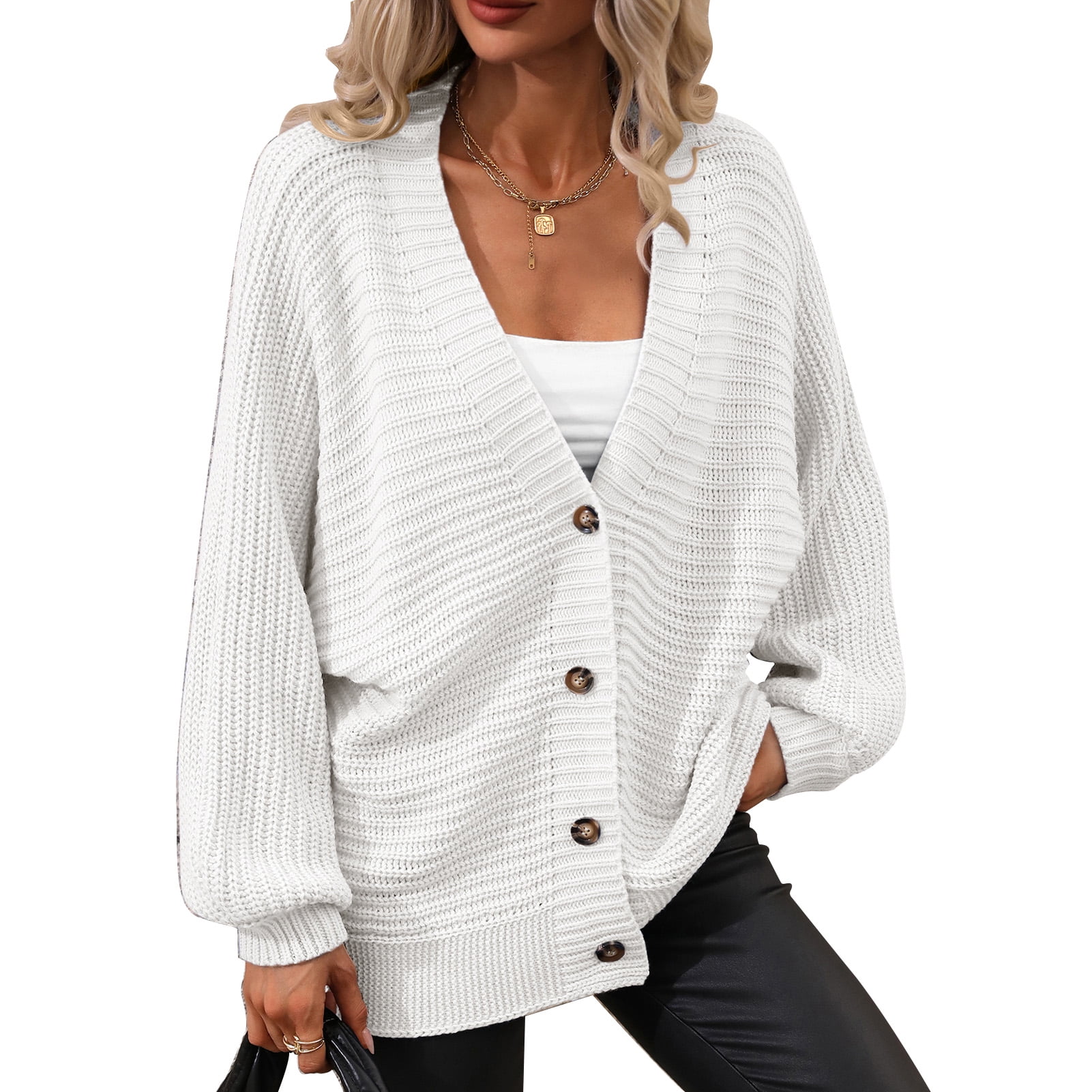 Women Casual Knit Cardigan Sweater V Neck Button Up Batwing Long Sleeve  Loose Hem Oversized Outwear Coat White L - Walmart.ca