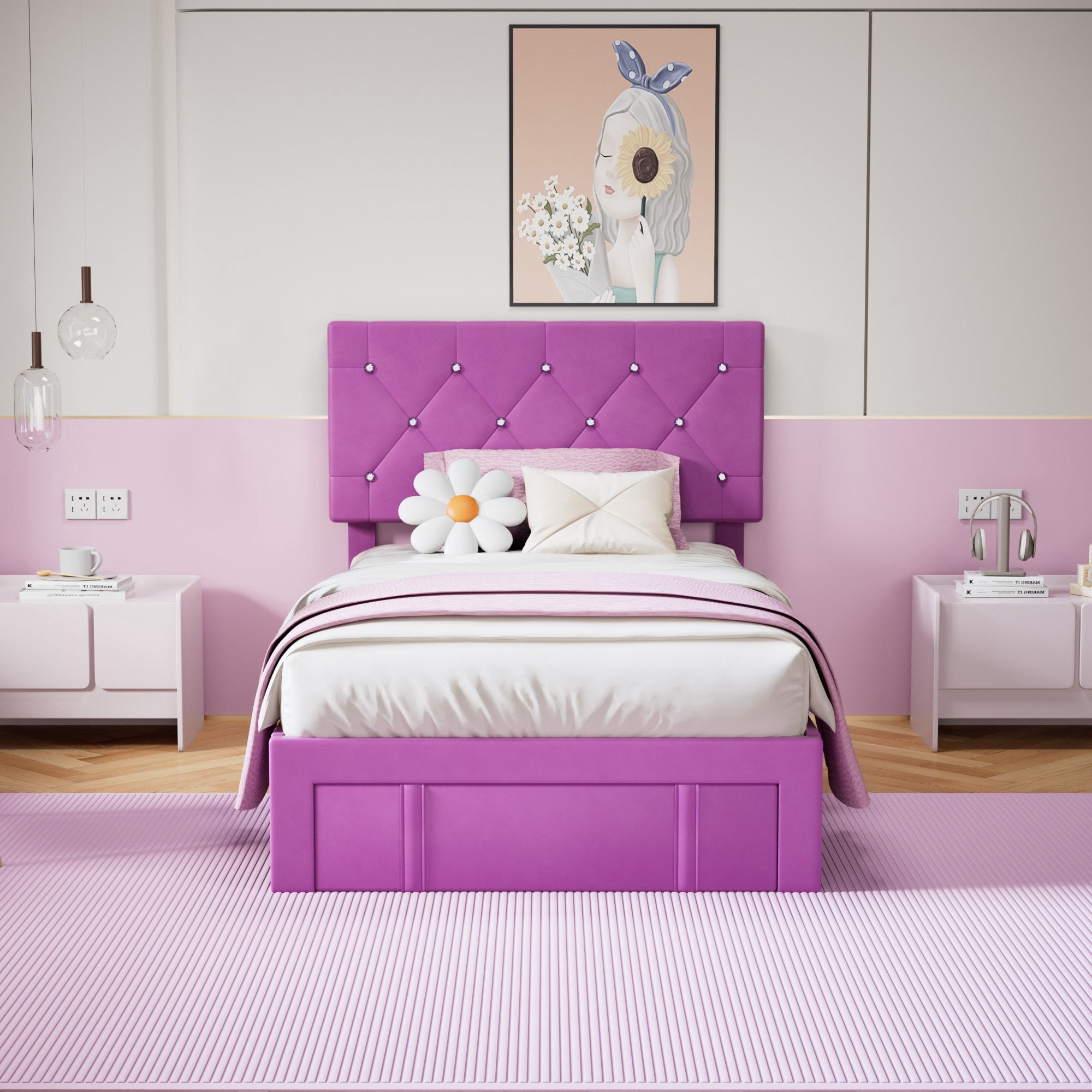 VECELO Upholstered Bed with Storage-1 Drawer, Purple Bed Frame Twin Platform Bed with Faux Leather Tufted Headboard