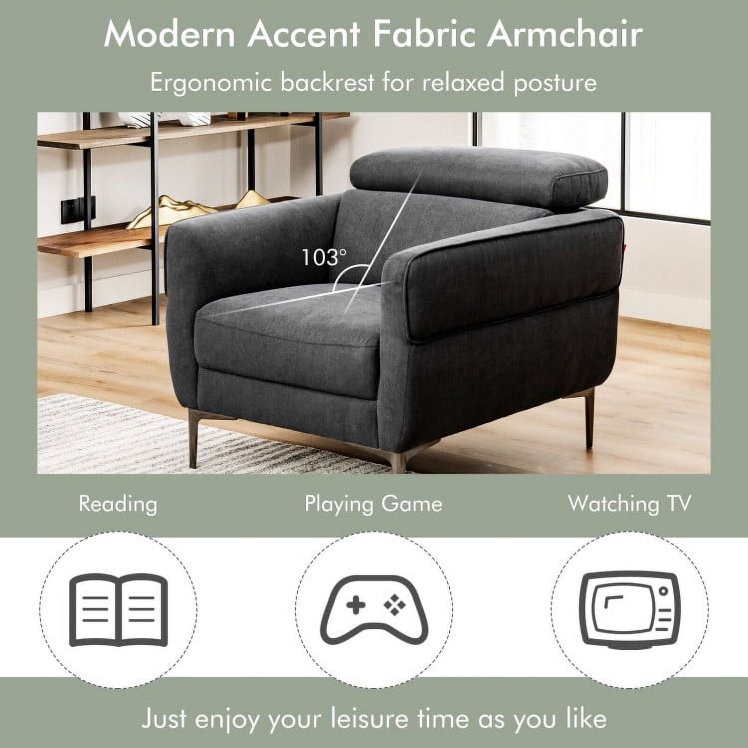 Finihen Upholstered Accent Armchair, Modern Upholstered Single Sofa with Adjustable Headrest, for Living Room, Bedroom, Gray