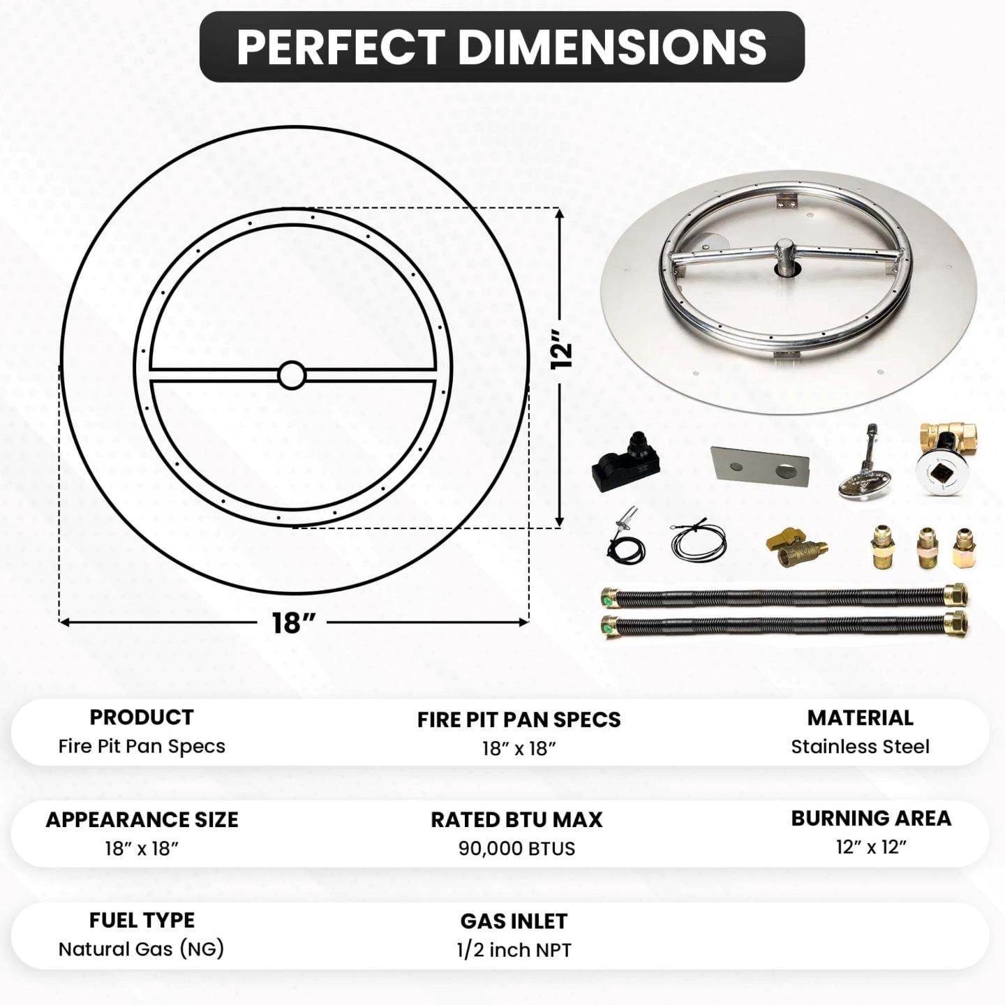 Dreffco Stainless Steel Fire Pit Burner Pan & Ring Deluxe Kit for Natural Gas, 18-Inch Pan, 12-Inch Ring, 90,000 BTU Max