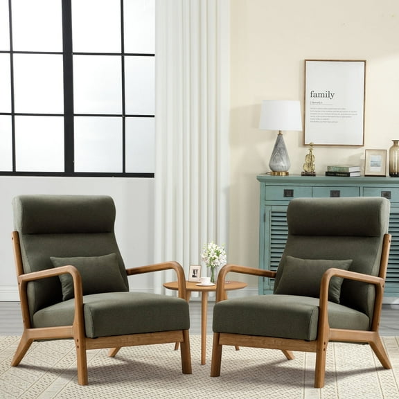 Bonzy Home Modern Accent Chair Set of 2, Living Room Chair with Wood Armrests, Upholstered Foam Cushion, and Sturdy Metal Frame Reading Chair, Green