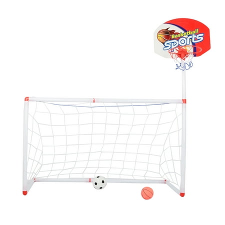 Portable Collapsible Football Kit 2-in-1 Kids Basketball Backboard Soccer Goal Set with Ball Pump Training Toy - White + Red