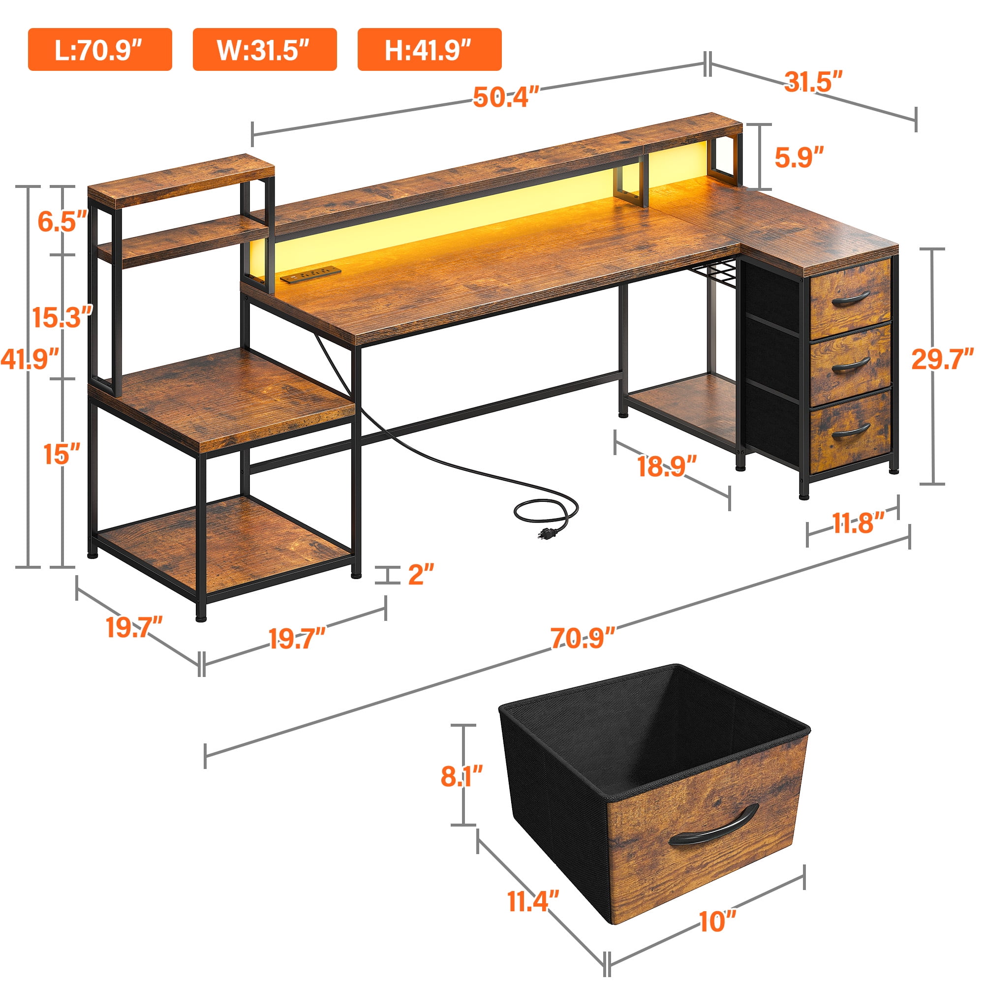 EnHomee 70.9" L Shaped Gaming Desk with Drawers, Computer Desk with Power Outlet & LED Lights, Home Office Desk, Rustic Brown