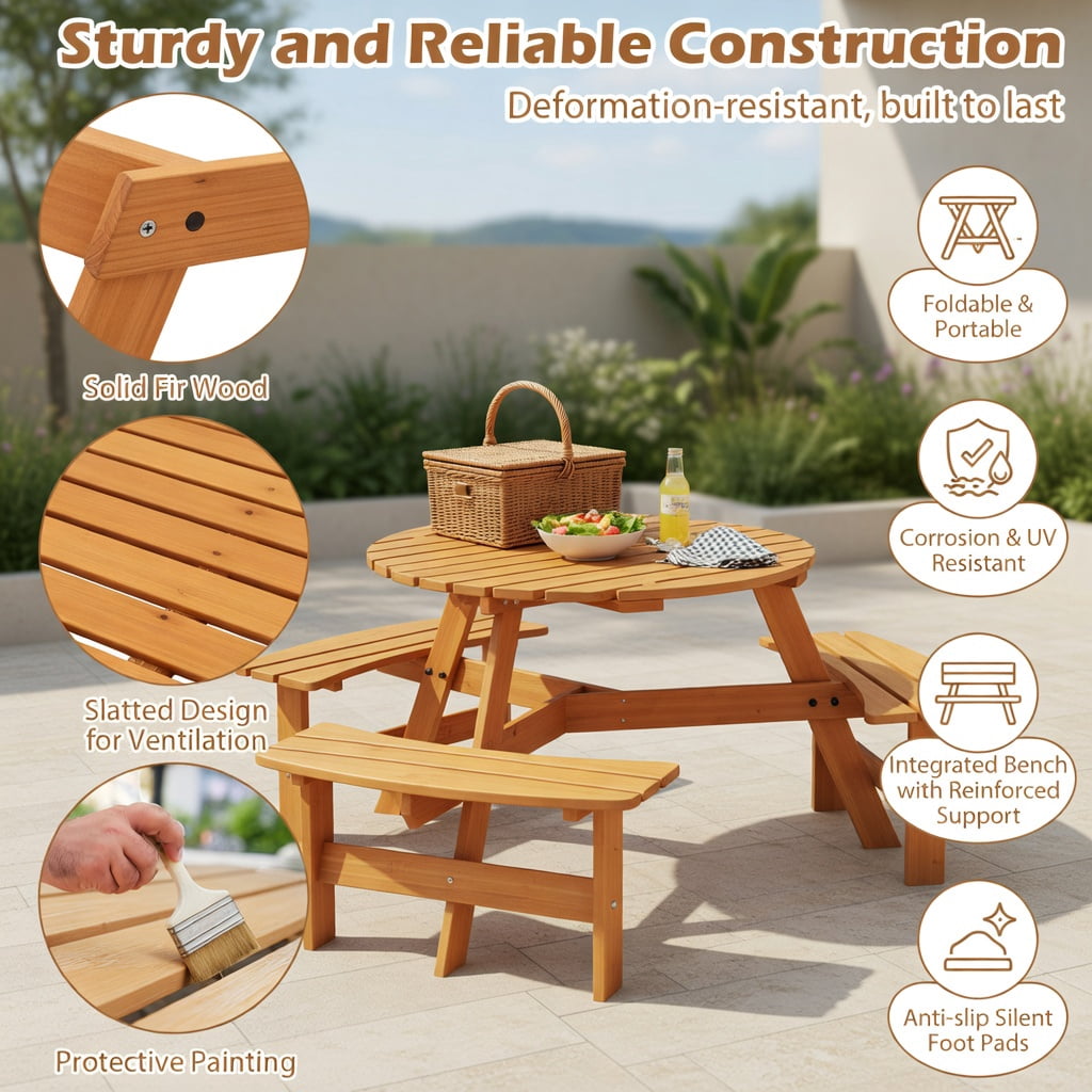Hommoo 6-Person Round Outdoor Picnic Table Set with 3 Built-in Benches, Umbrella Hole & Weather-Resistant Fir Wood, Yellow
