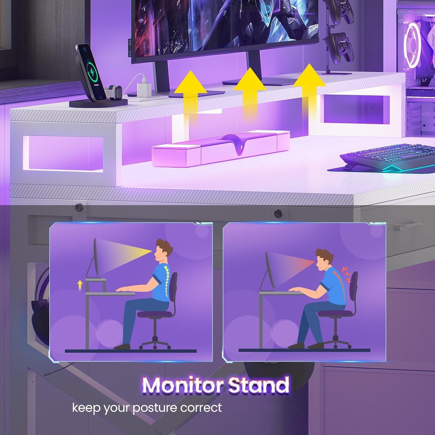 55" Gaming Desk with 6 Drawers, Small Corner Computer Desk with Power Outlets & LED Lights, Home Office Desk with Monitor Stand & Hooks, Reversible PC Desk with Storage, Carbon Fiber White