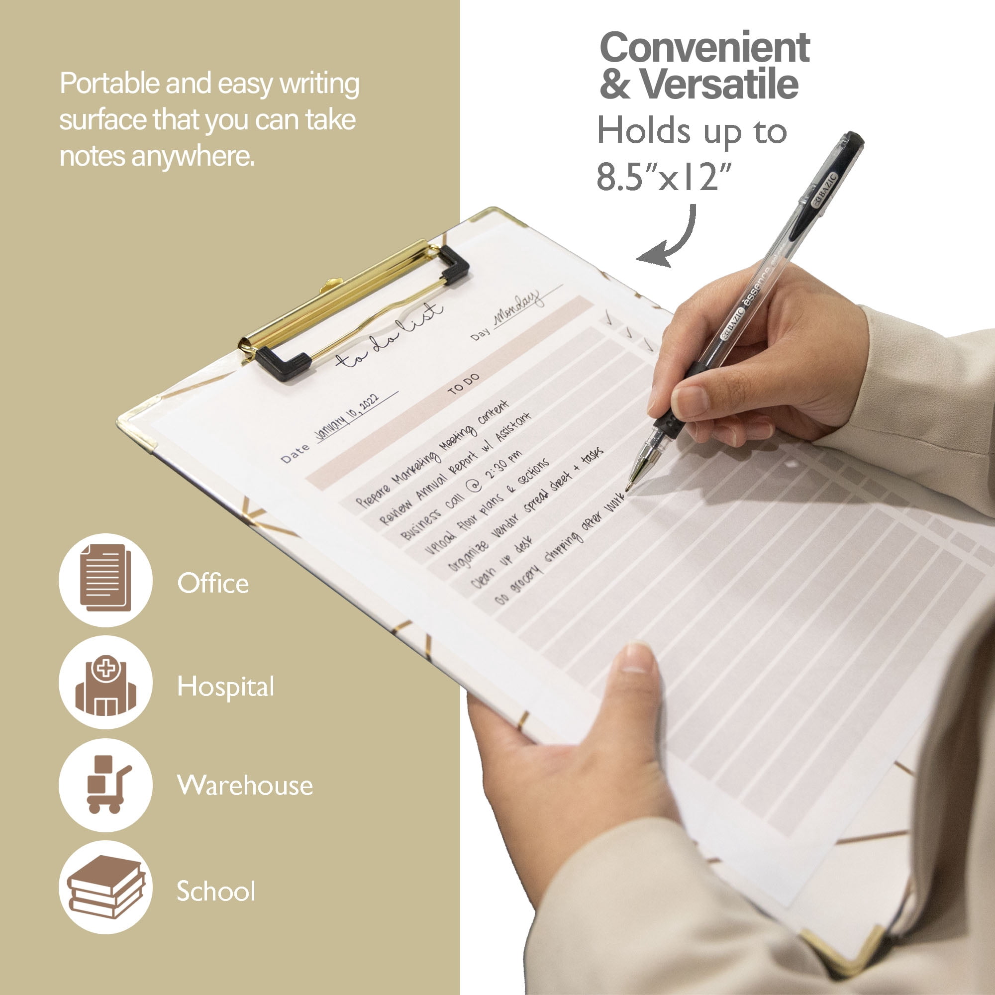 BAZIC Paperboard Clipboard Standard Size Geometric Gold Low Profile Clip, 4-Pack