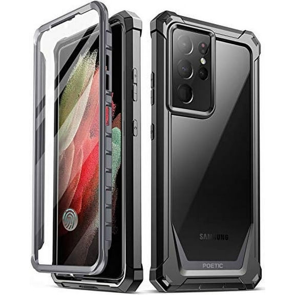Poetic Guardian Case for Galaxy S21 Ultra 5G, Clear Case with Built-in Screen Protector (Work w/ Fingerprint ID), Black/Clear