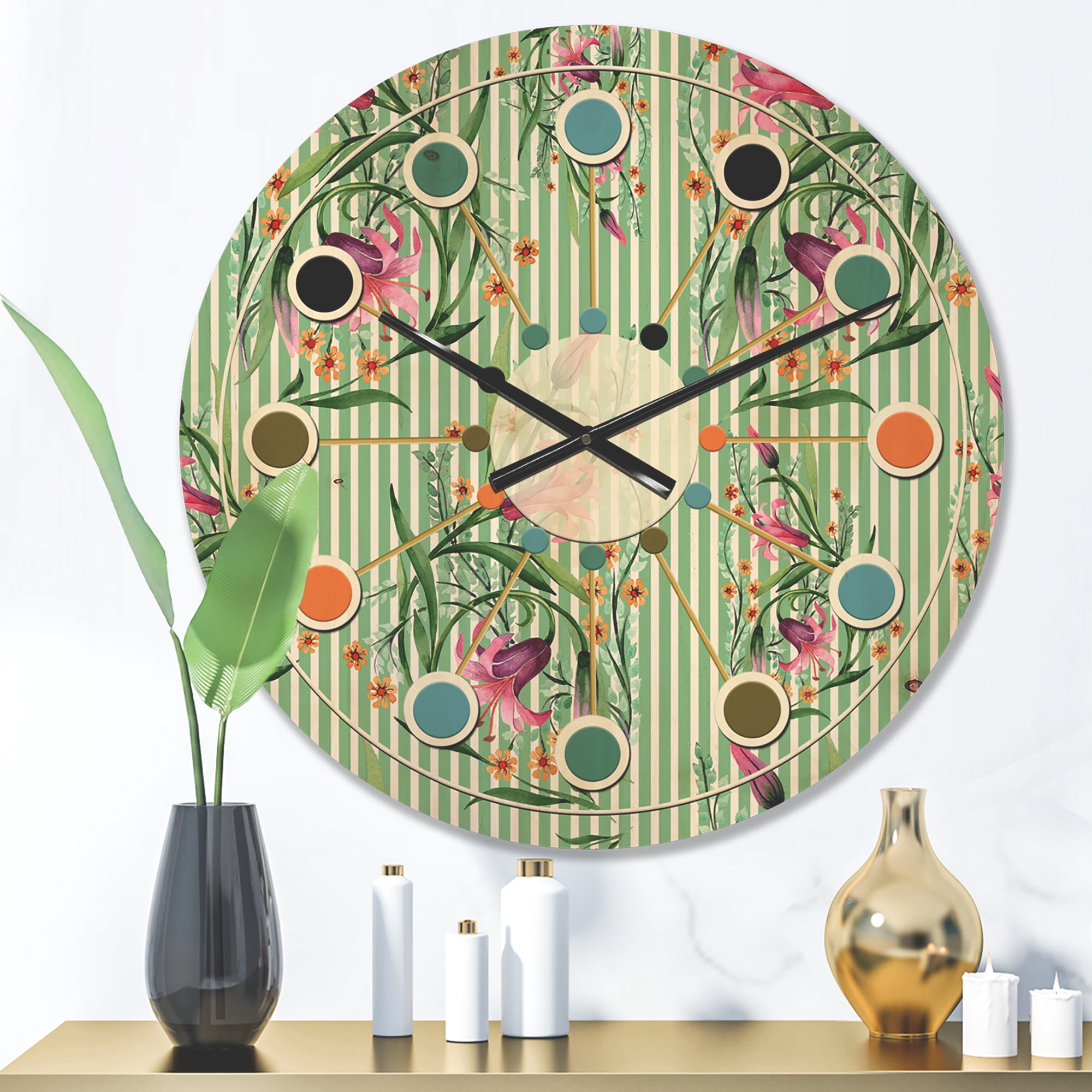 Designart 'Botanical Floral Retro IX' Mid-Century Modern Wood Wall Clock