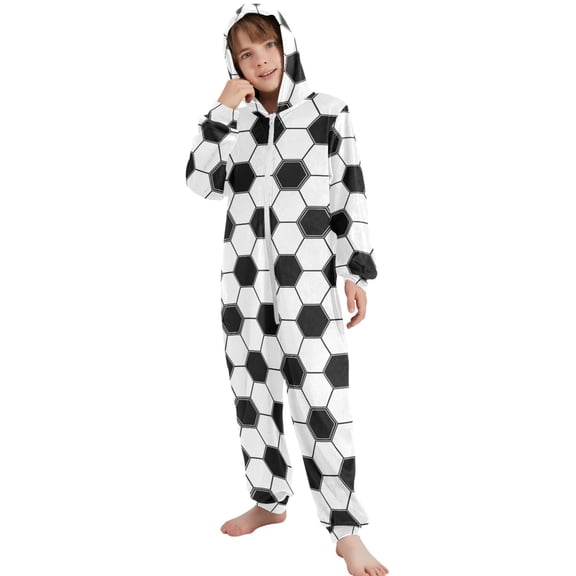 JOOGOO Soccer Ball Geometric Pattern Unisex Onesie Pajamas Jumpsuit Kids One-Piece Hooded Sleepwear 7-8T