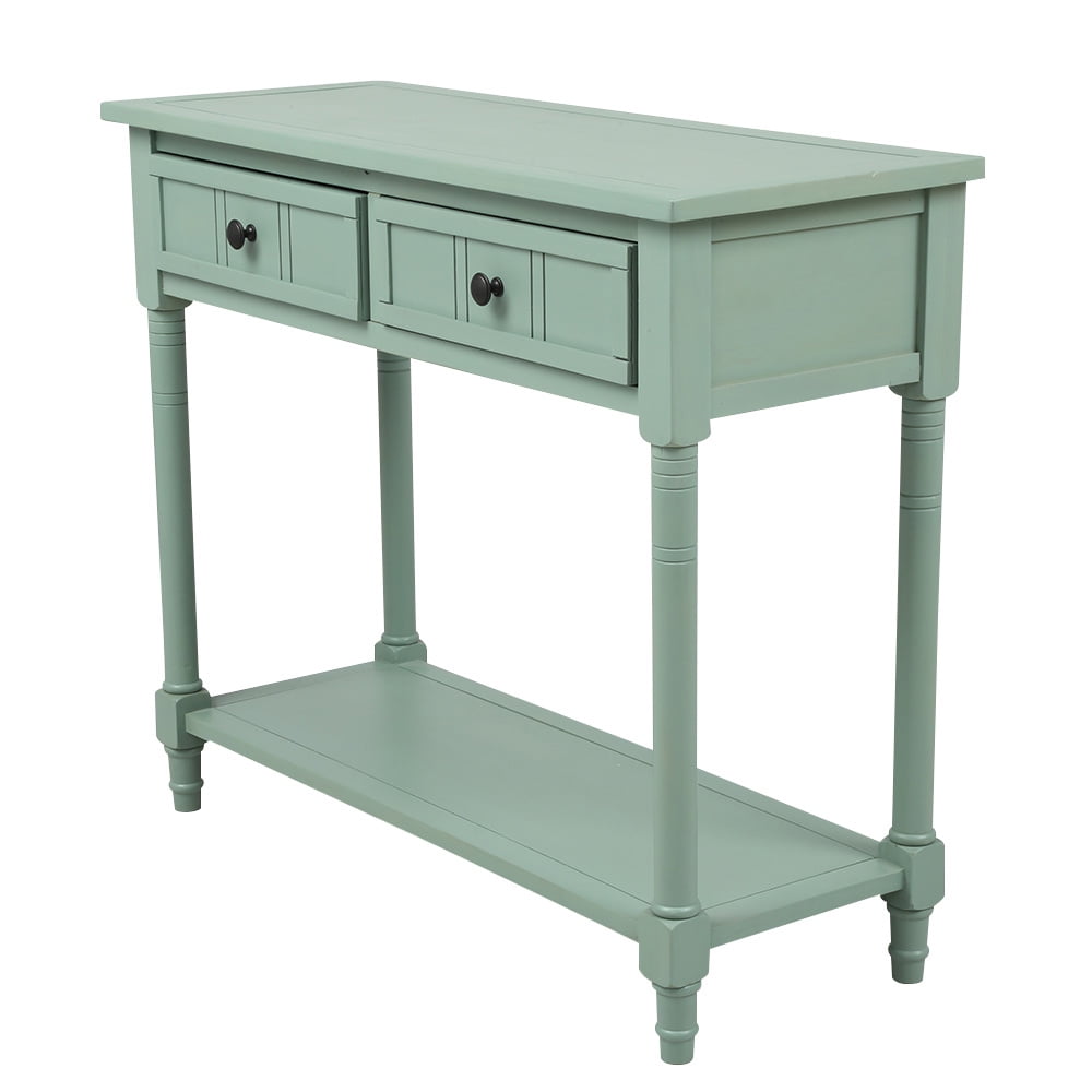 Kepooman Acacia Console Table with Two Drawers and Bottom Shelf, Traditional Design Sofa Side Table for Living Room Bedroom, Retro blue Kepooman Acacia Console Table with Two Drawers and Bottom Shelf, Traditional Design Sofa Side Table for Living Room Bedroom, Retro blue