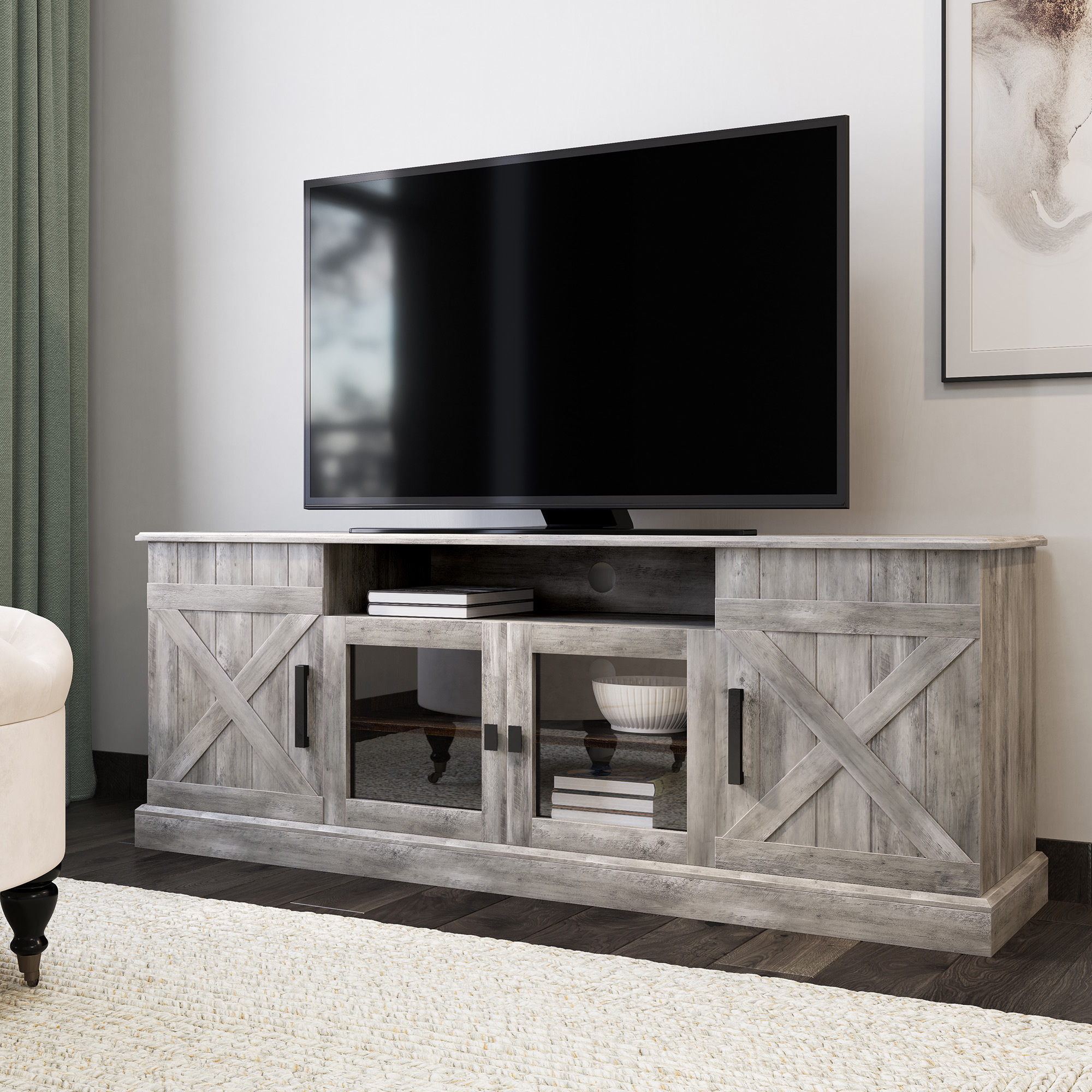 BELLEZE Modern Farmhouse Industrial Style Entertainment Stand For TVs