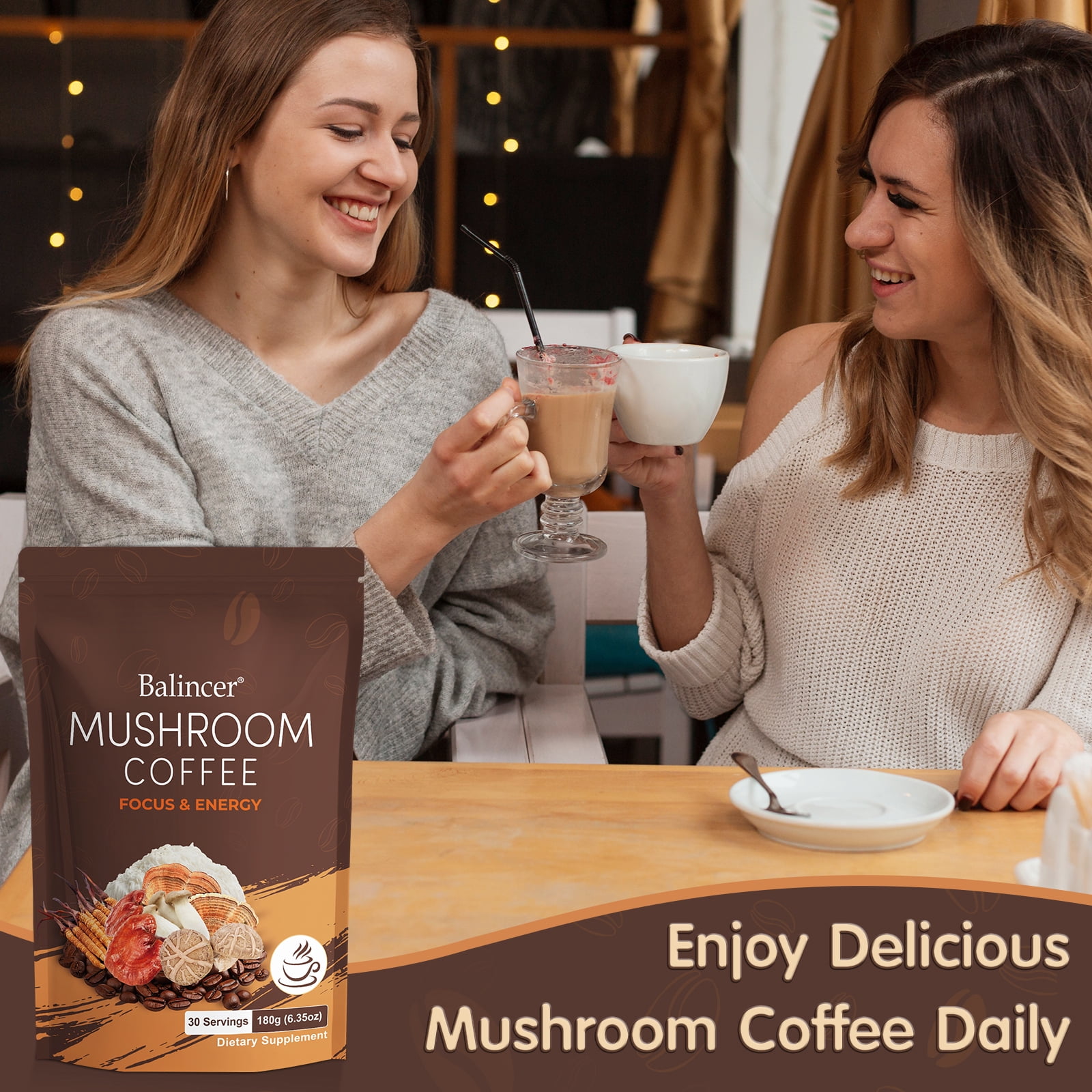 Balincer Mushroom Coffee, 6 Adaptogenic Mushrooms, Instant Mushroom Coffee for Focus, Energy, Immune & Digestion Support,Herbal Supplements
