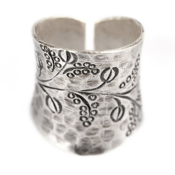81stgeneration Women's 999 Pure Silver Karen Hill Tribe Tribal Engraved Leaf Plant Adjustable Ring