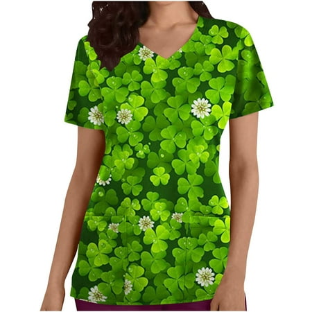 

CYMMPU Women s V-Neck Pocketed Scrub_Tops Nurse Workwear Uniform Clearance Going out Tops Summer Tees Short Sleeve Shirts Trendy St. Patrick s Day Tunic Green Clover Graphic Fashion Tshirts Green XL