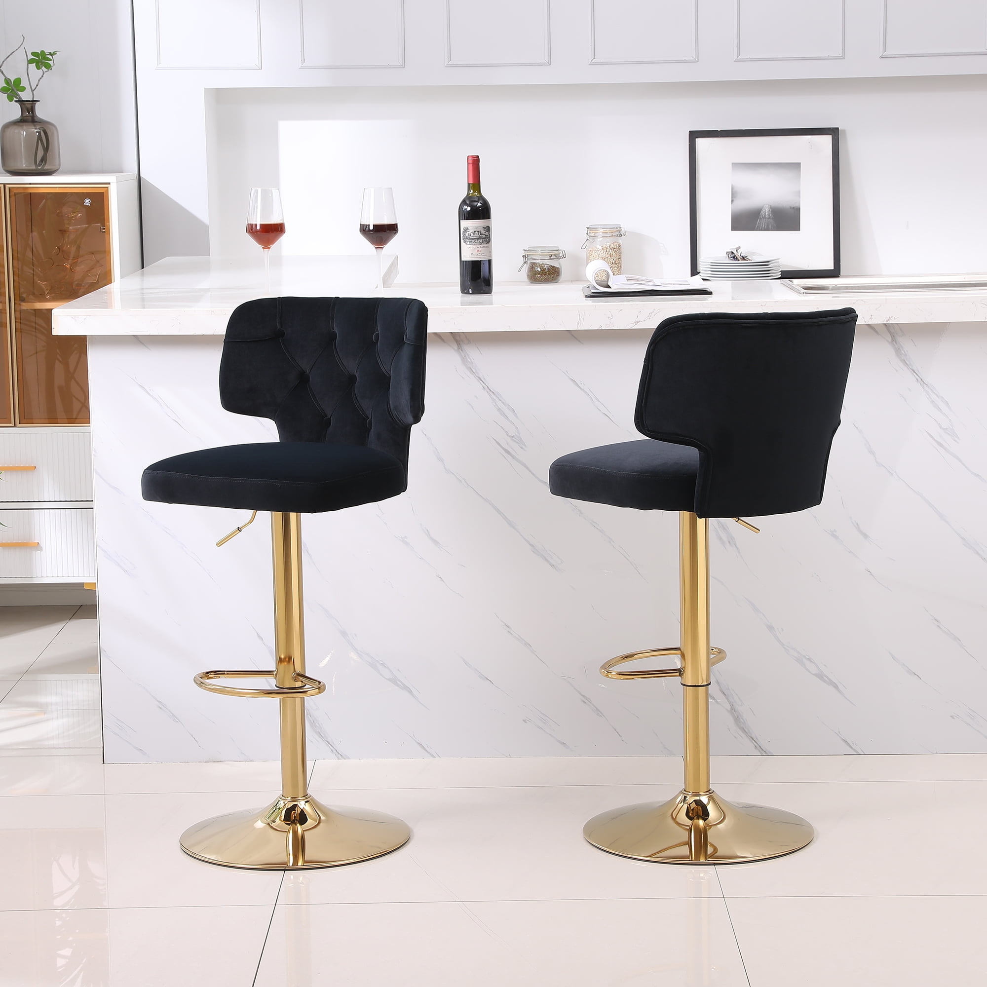 Resenkos Set of 2 Velvet Bar Stools Dining Chairs with Adjustable Counter Height Footrest Tufted Upholstered, Black Resenkos Set of 2 Velvet Bar Stools Dining Chairs with Adjustable Counter Height Footrest Tufted Upholstered, Black