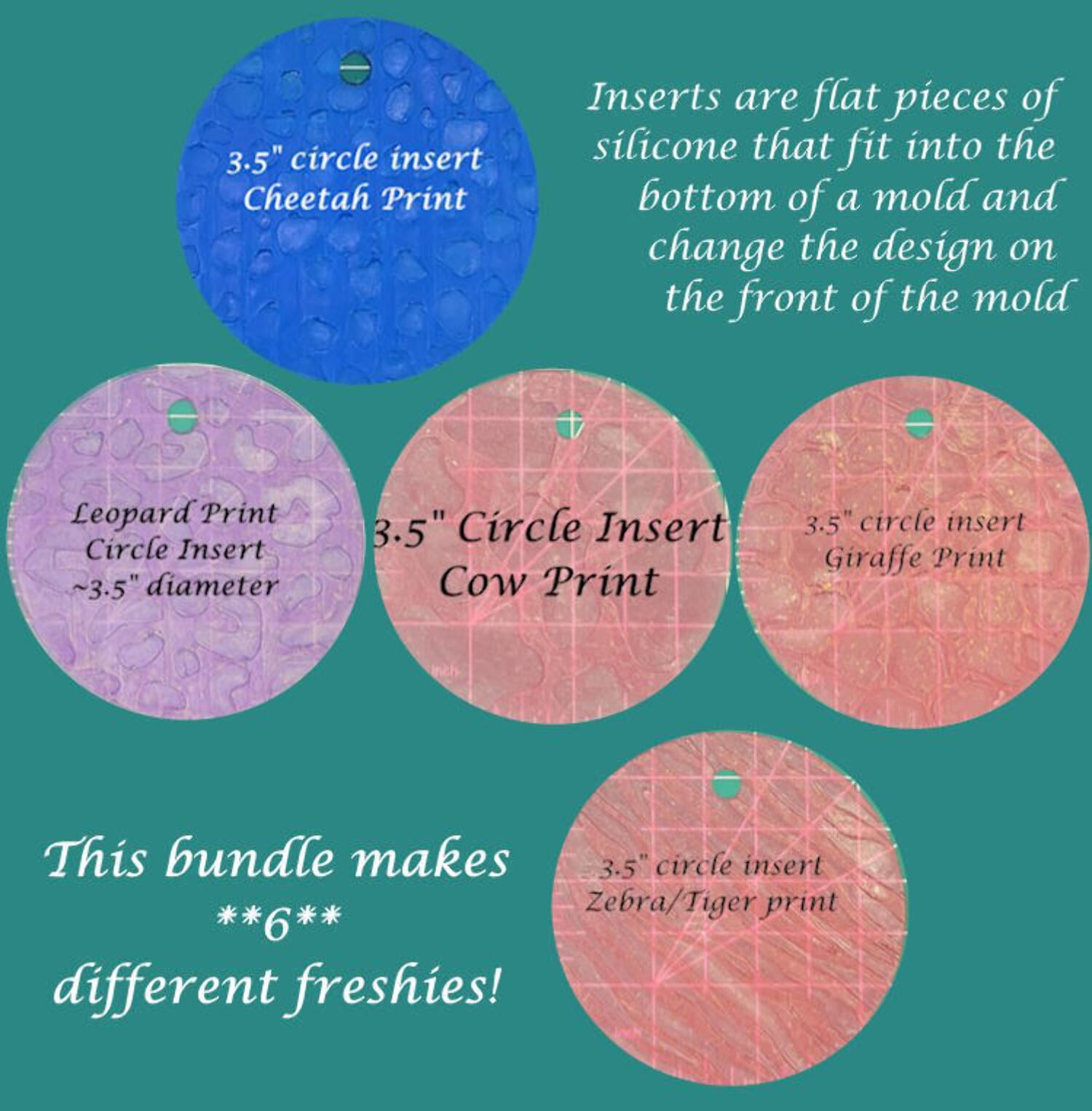 Bundle - 3.5" circle w/post and 5 animal print inserts - Silicone Freshie Mold