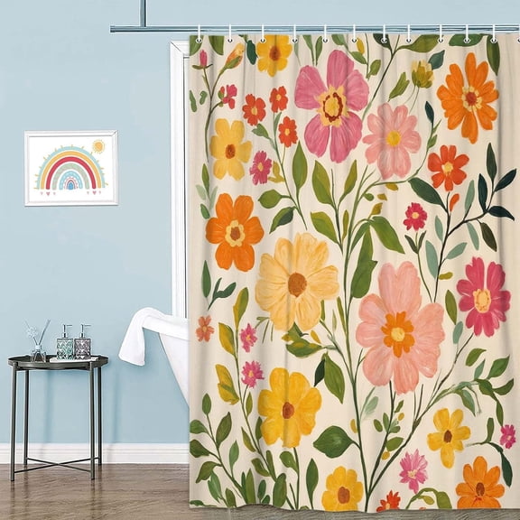 Pink Butterfly Shower Curtain Spring Bathroom Decor Set with Blooming Floral, Cloth Fabric Bathroom Decor Set with Hooks Colorful Boho Shower Curtain 60x72inch