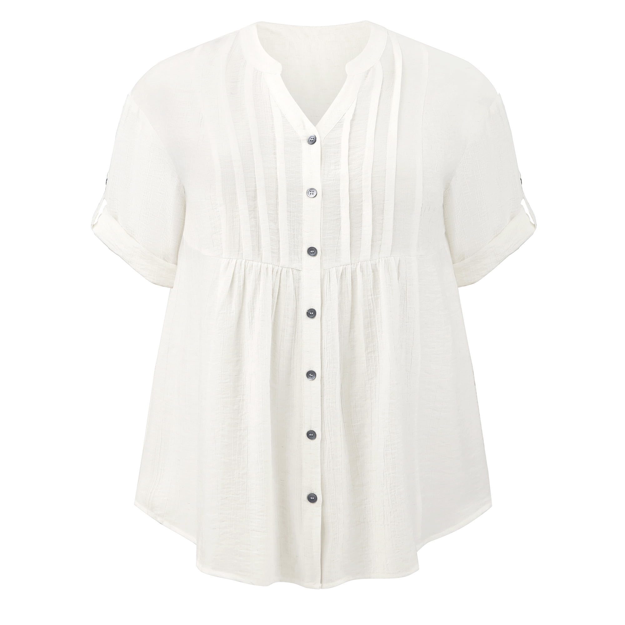 DARING DIVA Women's Plus Notch V Neck 3/4 Sleeve Pleated Textured Dressy Button Shirts 4X White