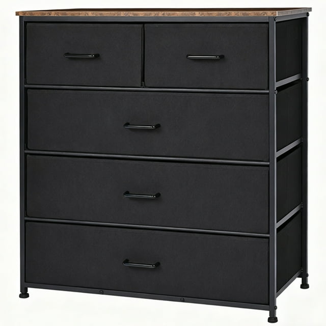 Commode à 5 Tiroirs avec Cadre en Acier et Dessus en Bois, Commode pour Chambre à Coucher, Tour de Rangement, Table d'Extrémité Organisatrice pour Salon, Couloir, Garde-Robe (3 Grands et 2 Petits Tiroirs)