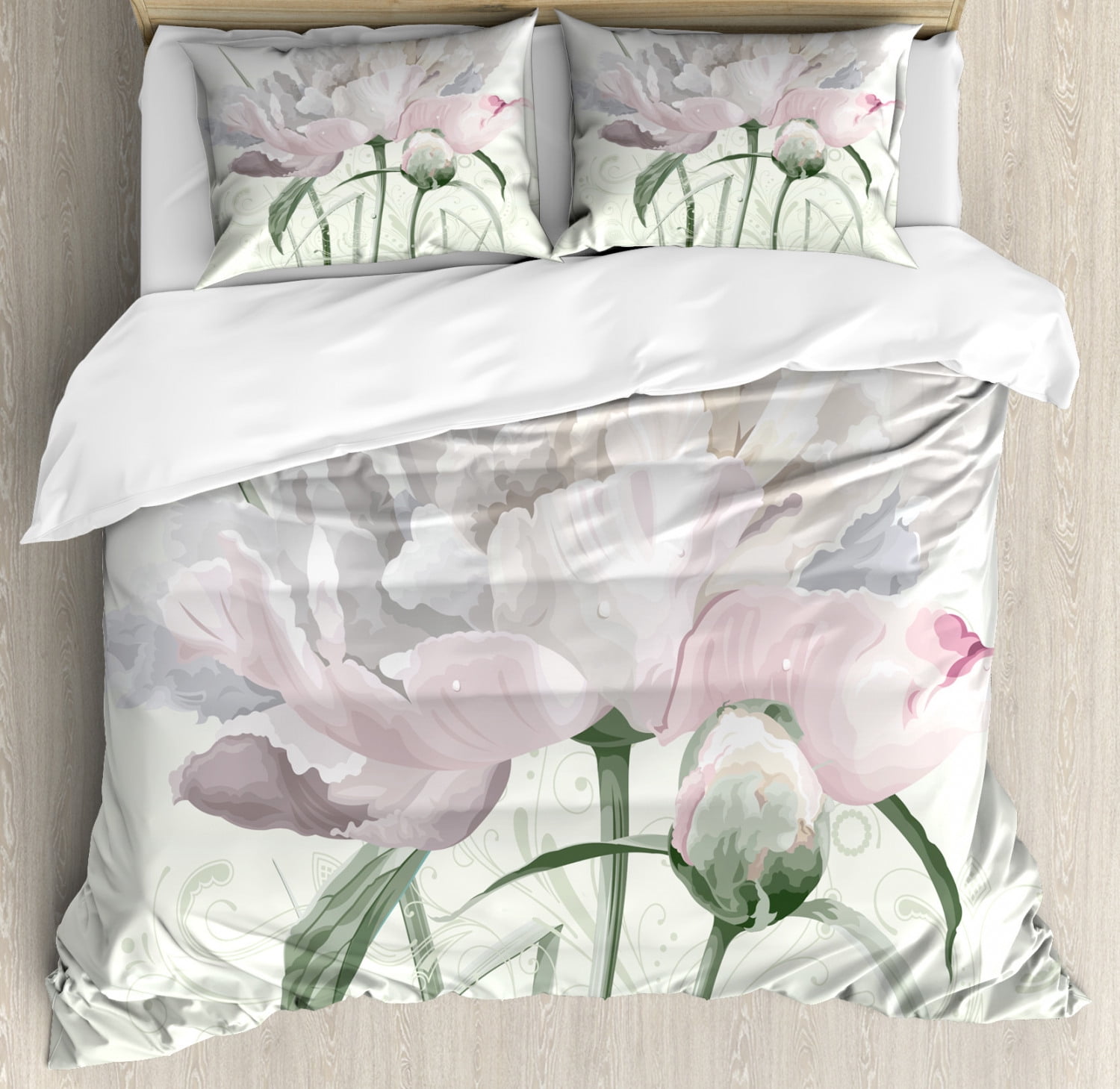 Flower Duvet Cover Set, Floral Pink Roses Tulips Abstract Garden Leaves with Petals and Buds