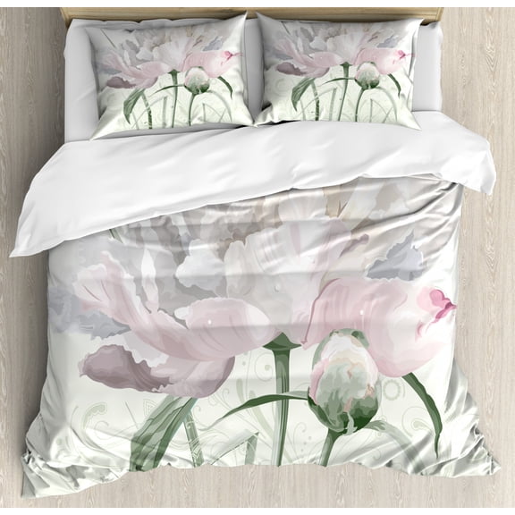 Flower Duvet Cover Set, Floral Pink Roses Tulips Abstract Garden Leaves with Petals and Buds Detailed Print, Decorative 3 Piece Bedding Set with 2 Pillow Shams, King Size, White, by Ambesonne