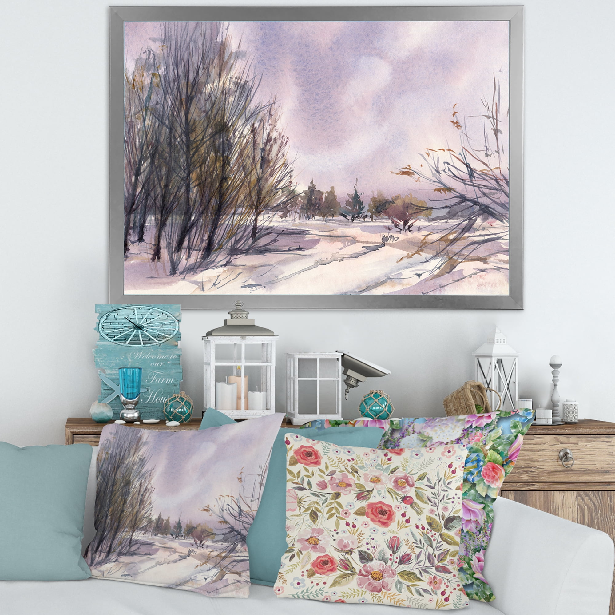 Designart 'Purple Snowy Tones With Winter Landscape' Traditional Framed Art Print