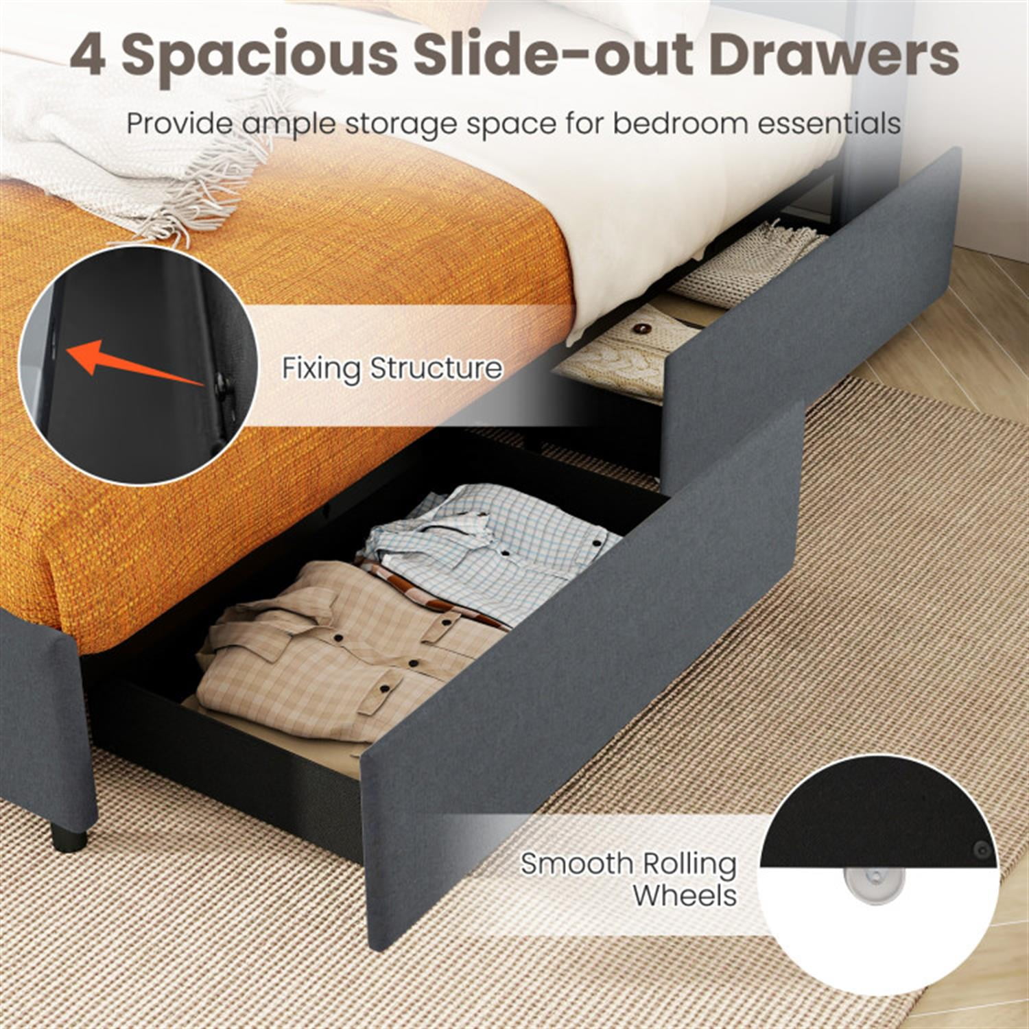 Demi Bonn Queen Size Bed Frame with LED Lights and Charging Station, Platform Bed Frame with 4 Storage Drawers, Noise-Free/No Box Spring Needed, Gray