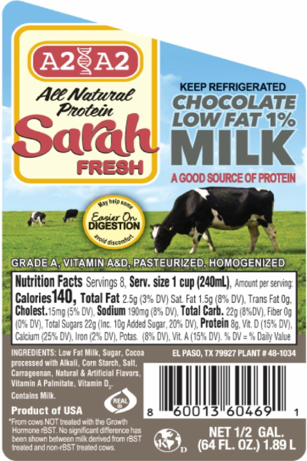 1% Low Fat A2/A2 Chocolate Milk Half Gallon