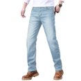 thumbnail image 3 of Pantalones vaqueros de hombre con forro polar, corte recto, elásticos, cálidos for el invierno, color azul claro, 3 of 7