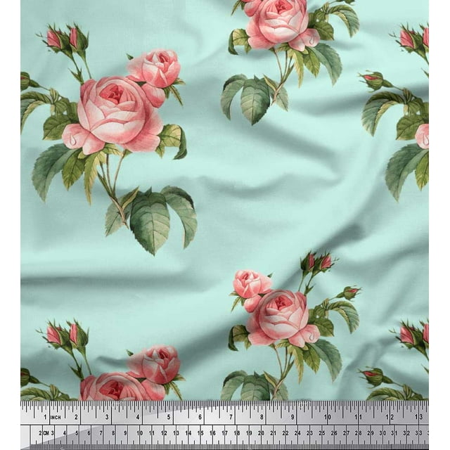 Soimoi Green Rayon Crepe Fabric Leaves & Rose Floral Decor Fabric Printed Yard 46 Inch Wide