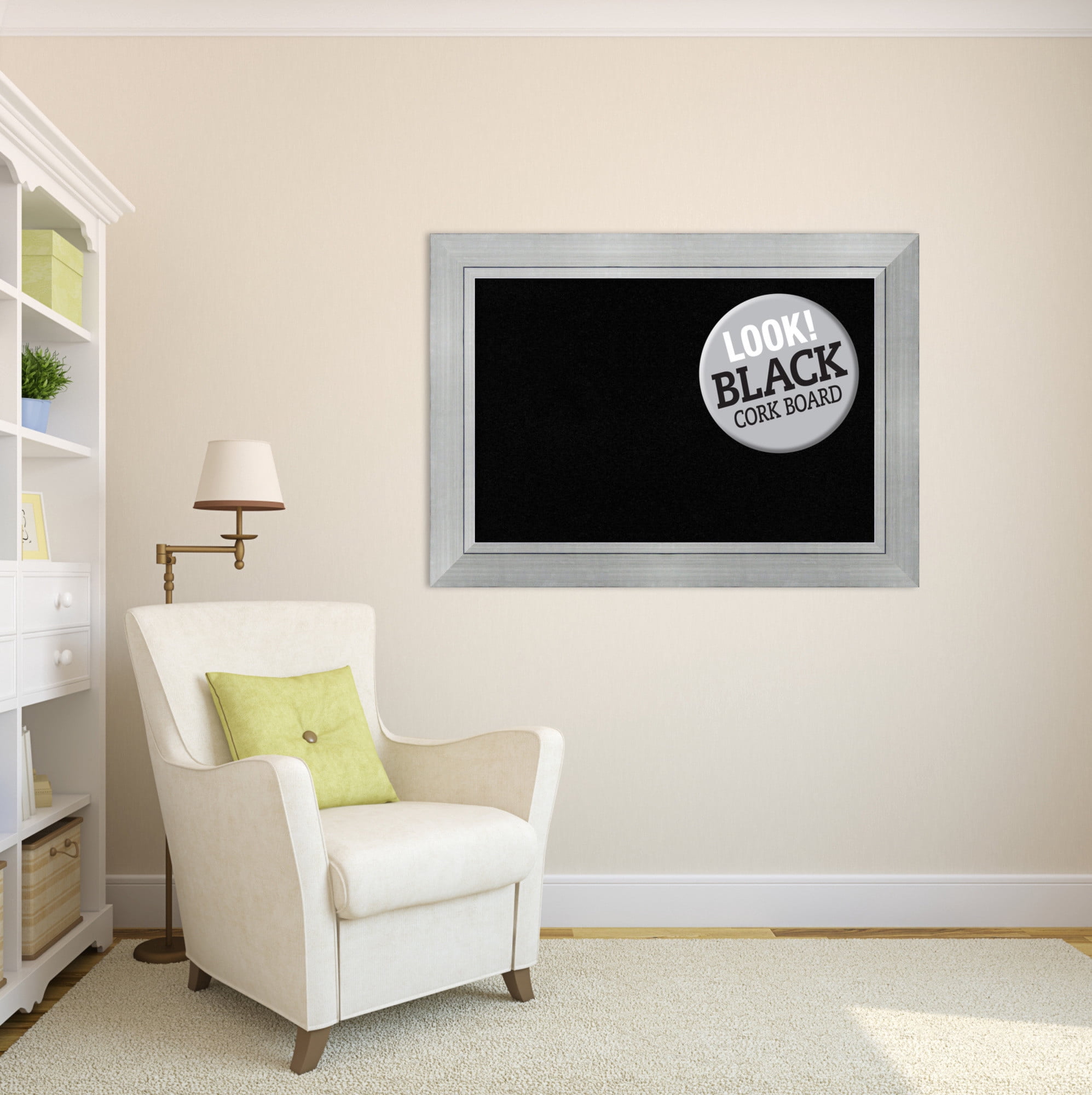 Amanti Art Black Cork Board Wood Framed Romano Silver Bulletin Board 43 in. x 31 in.